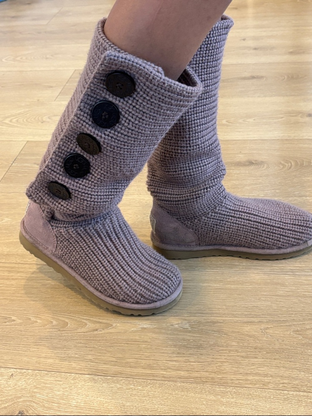 UGG Knit Ruffle-Trim Knee Boots in Dusty Mauve